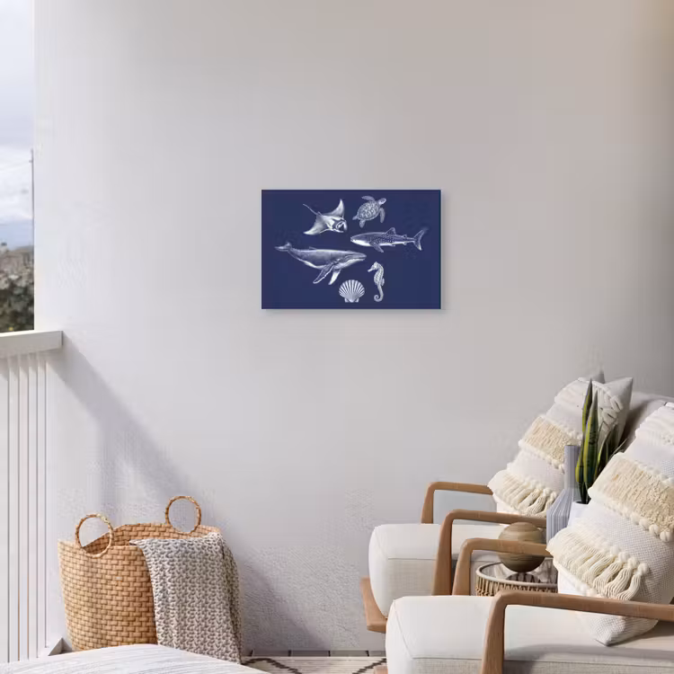 Dieren - Zeeleven - Oceaan - Graveren - Blauw Tuinposter op houten frame 2 cm dik klein -sfeer1