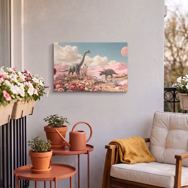 Buiten canvas - Dinosaurus - Roze - Landschap - Dinosaurus - Roze - Landschap Tuinposter op houten frame 2 cm dik klein