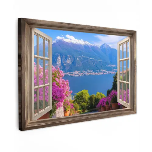 Doorkijk - Berg - Landschap - Uitzicht - Meer Tuinposter op houten frame 2 cm dik klein -3d