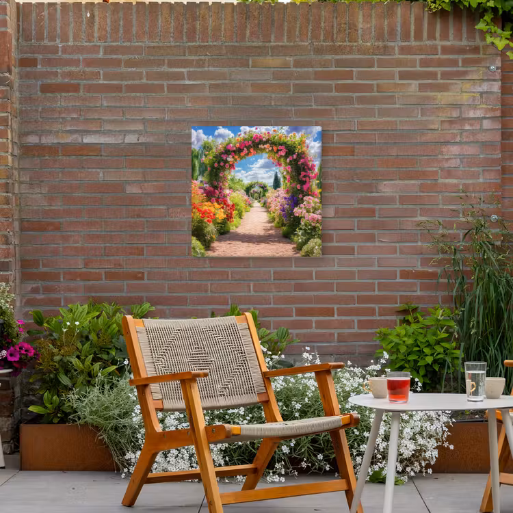 Doorkijk - Bloemen - Kleurrijk - Natuur Tuinposter op houten frame 2 cm dik middel -sfeer3