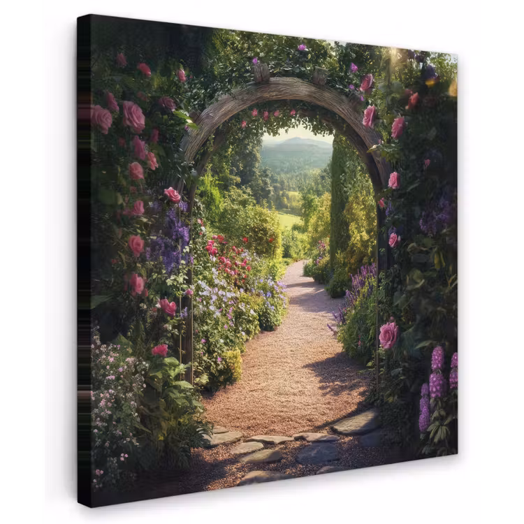 Doorkijk - Bloemen - Natuur - Rozenboog Tuinposter op houten frame 2 cm dik middel -3d