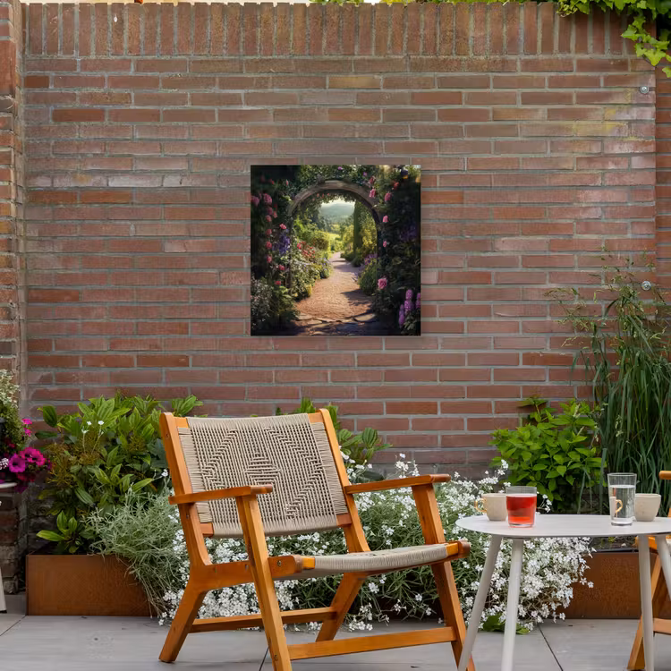 Doorkijk - Bloemen - Natuur - Rozenboog Tuinposter op houten frame 2 cm dik middel -sfeer3