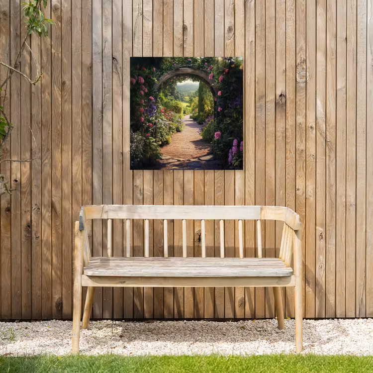 Doorkijk - Bloemen - Natuur - Rozenboog Tuinposter op houten frame 2 cm dik middel -sfeer4