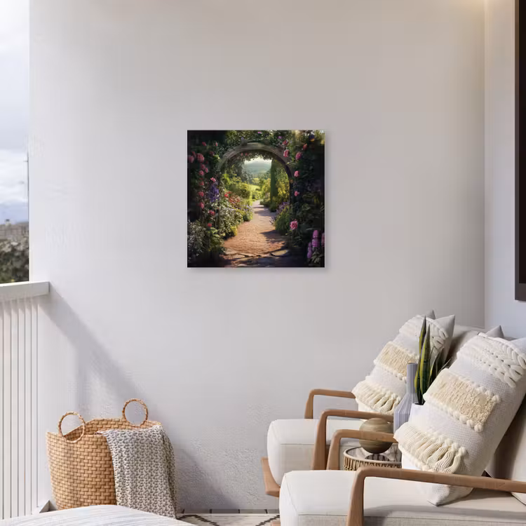 Doorkijk - Bloemen - Natuur - Rozenboog Tuinposter op houten frame 2 cm dik middel -sfeer1