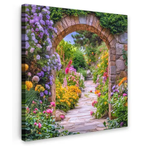 Doorkijk - Bloemen - Pad - Natuur Tuinposter op houten frame 2 cm dik middel -3d