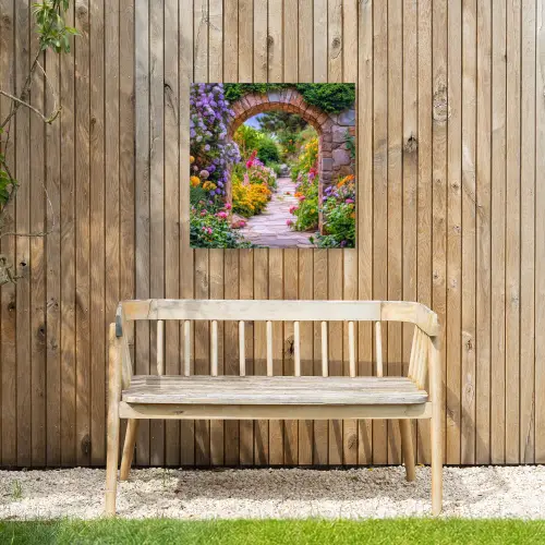 Doorkijk - Bloemen - Pad - Natuur Tuinposter op houten frame 2 cm dik middel -sfeer4