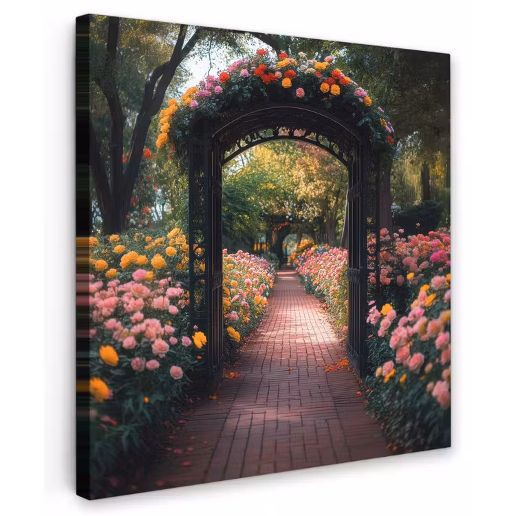 Doorkijk - Bloemen - Pad - Natuur - Kleurrijk Tuinposter op houten frame 2 cm dik middel -3d