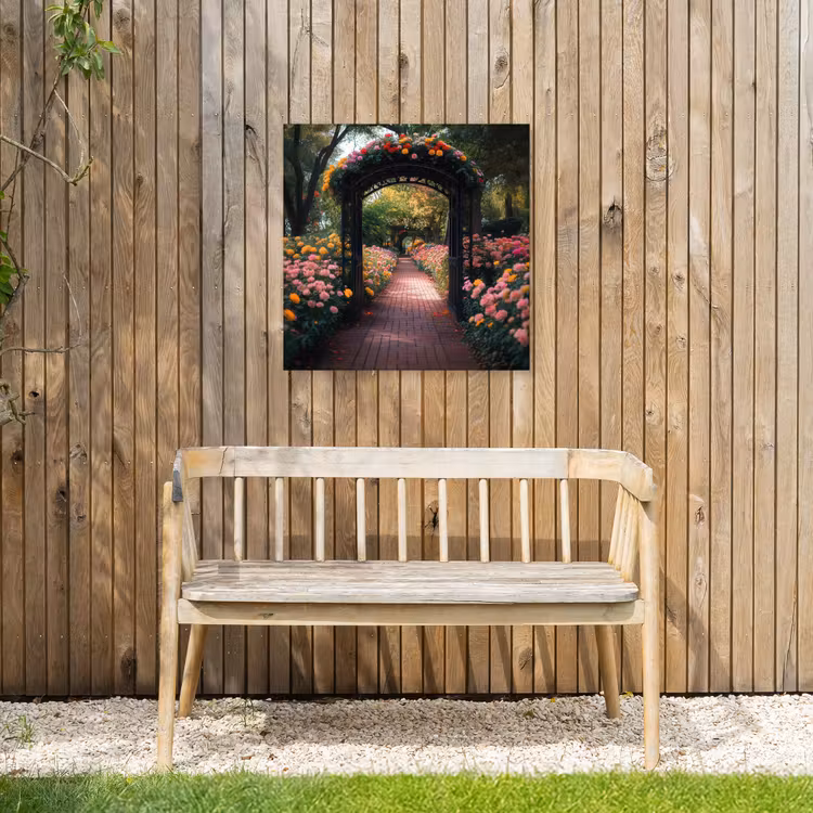 Doorkijk - Bloemen - Pad - Natuur - Kleurrijk Tuinposter op houten frame 2 cm dik middel -sfeer4