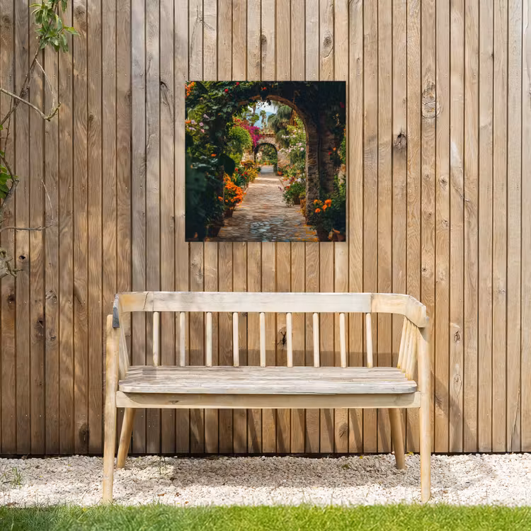 Doorkijk - Bloemen - Poort - Stenen Tuinposter op houten frame 2 cm dik middel -sfeer4