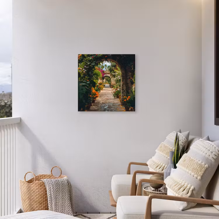 Doorkijk - Bloemen - Poort - Stenen Tuinposter op houten frame 2 cm dik middel -sfeer1