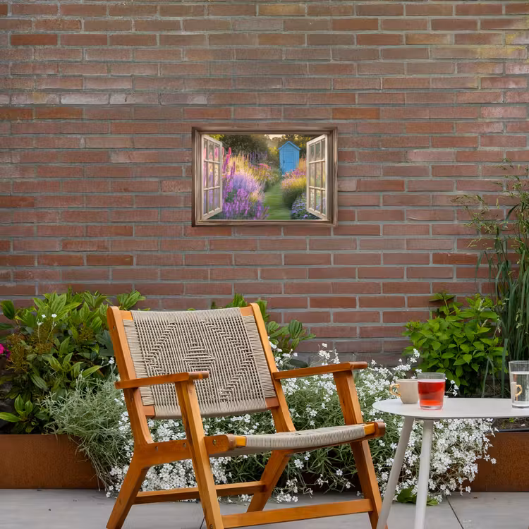 Doorkijk - Bloemen - Raam - Natuur Tuinposter op houten frame 2 cm dik klein -sfeer3