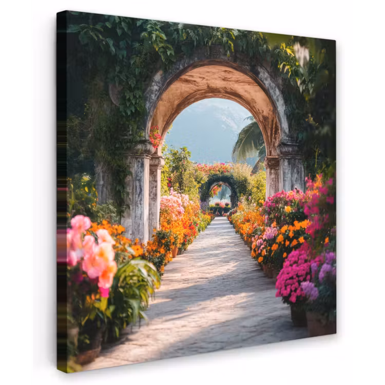 Doorkijk - Bloemen - Tropisch - Kleurrijk Tuinposter op houten frame 2 cm dik middel -3d