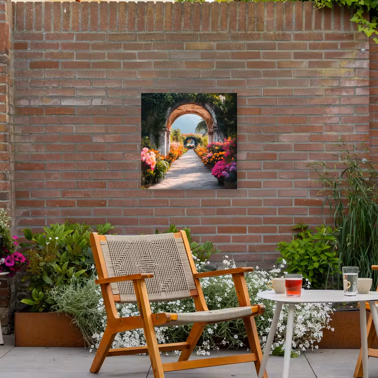 Doorkijk - Bloemen - Tropisch - Kleurrijk Tuinposter op houten frame 2 cm dik middel -sfeer3