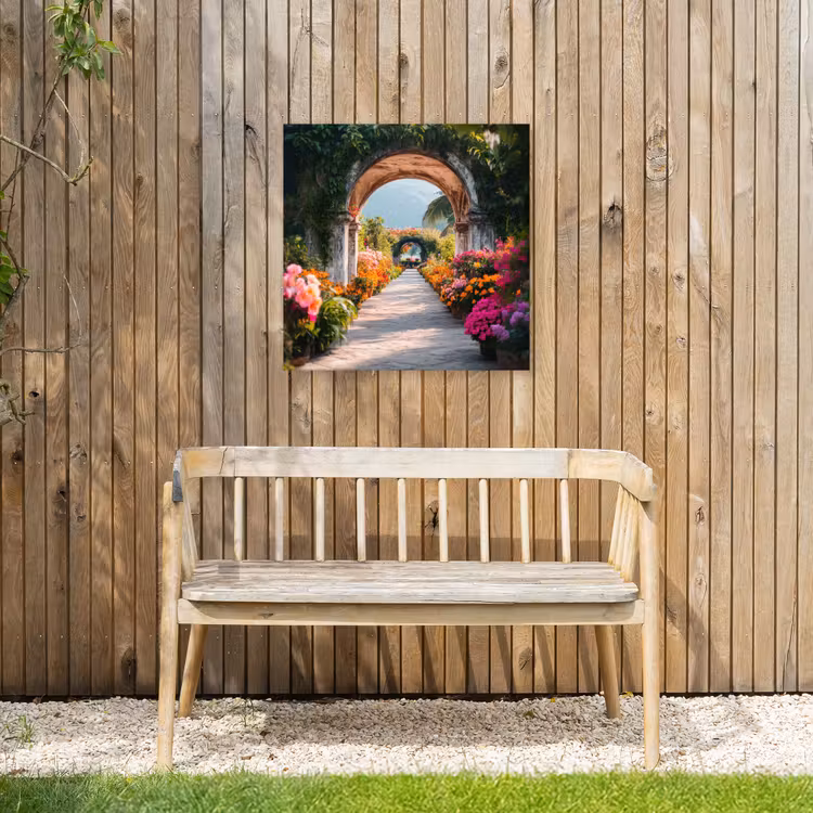 Doorkijk - Bloemen - Tropisch - Kleurrijk Tuinposter op houten frame 2 cm dik middel -sfeer4