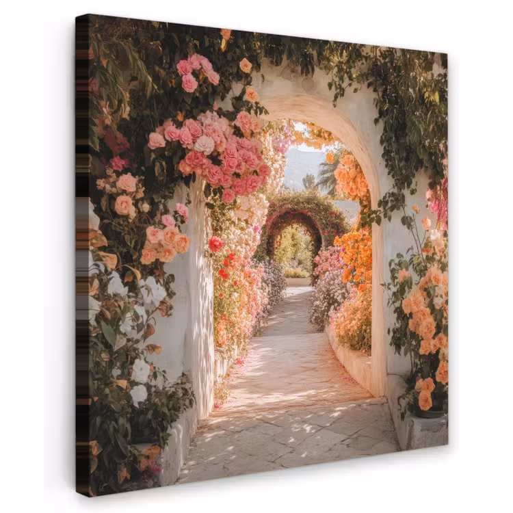 Doorkijk - Boog - Bloemen - Pastel Tuinposter op houten frame 2 cm dik middel -3d