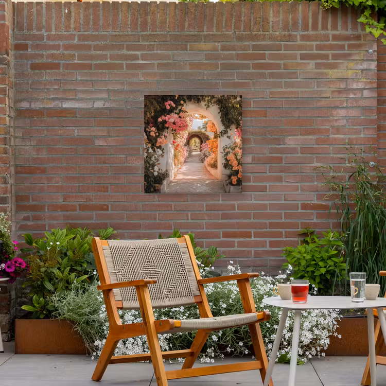 Doorkijk - Boog - Bloemen - Pastel Tuinposter op houten frame 2 cm dik middel -sfeer3