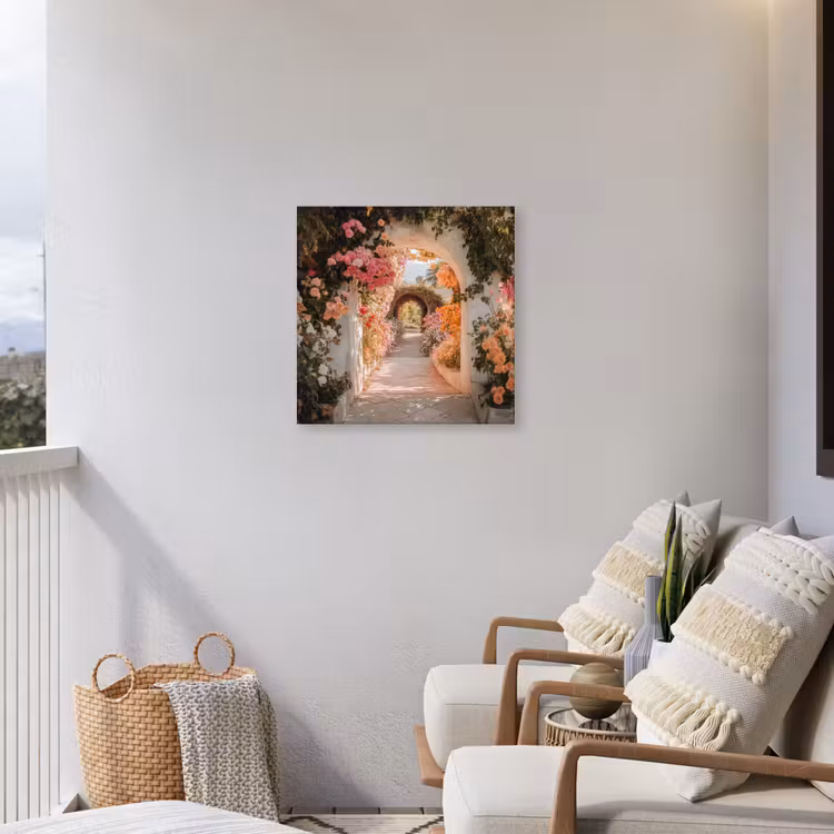 Doorkijk - Boog - Bloemen - Pastel Tuinposter op houten frame 2 cm dik middel -sfeer1
