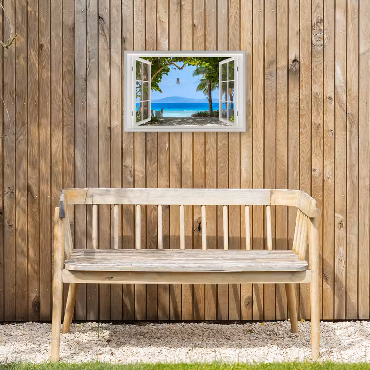 Doorkijk - Boom - Zee - Palmboom - Heuvels - Strand - Blauw Tuinposter op houten frame 2 cm dik klein -sfeer4