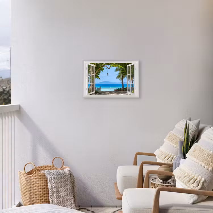 Doorkijk - Boom - Zee - Palmboom - Heuvels - Strand - Blauw Tuinposter op houten frame 2 cm dik klein -sfeer1