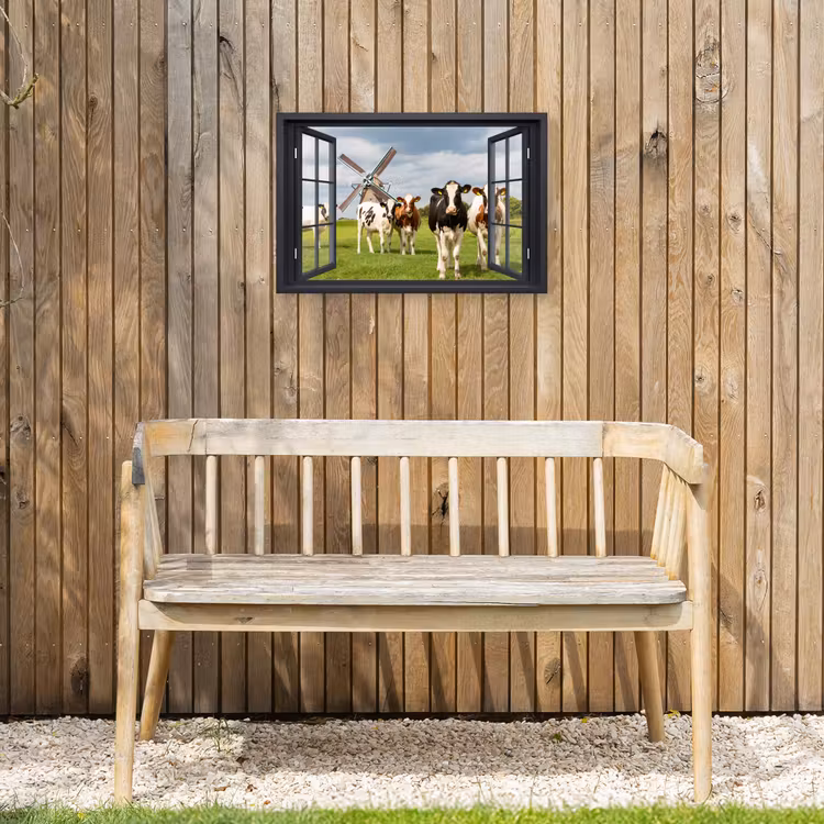 Doorkijk - Koe - Molen - Koeien - Weiland - Gras - Groen Tuinposter op houten frame 2 cm dik klein -sfeer4