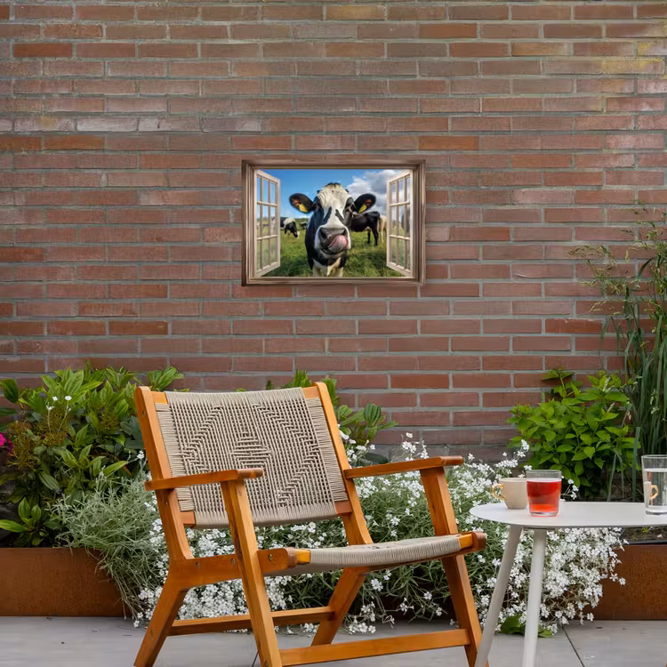 Doorkijk - Koe - Weiland - Dieren - Natuur Tuinposter op houten frame 2 cm dik klein -sfeer3