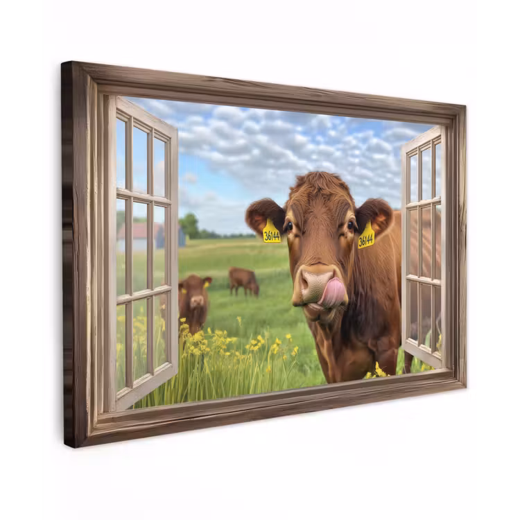 Doorkijk - Koe - Weiland - Landschap - Dieren Tuinposter op houten frame 2 cm dik klein -3d