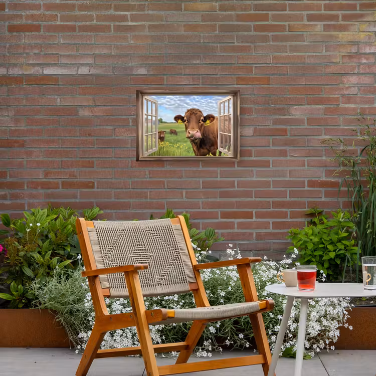 Doorkijk - Koe - Weiland - Landschap - Dieren Tuinposter op houten frame 2 cm dik klein -sfeer3