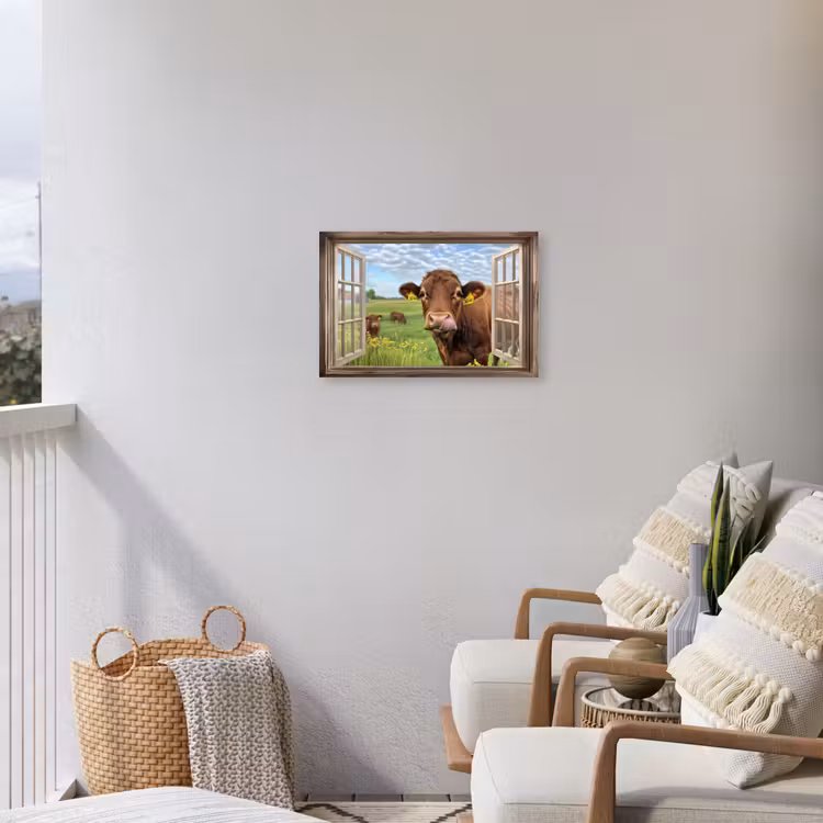 Doorkijk - Koe - Weiland - Landschap - Dieren Tuinposter op houten frame 2 cm dik klein -sfeer1