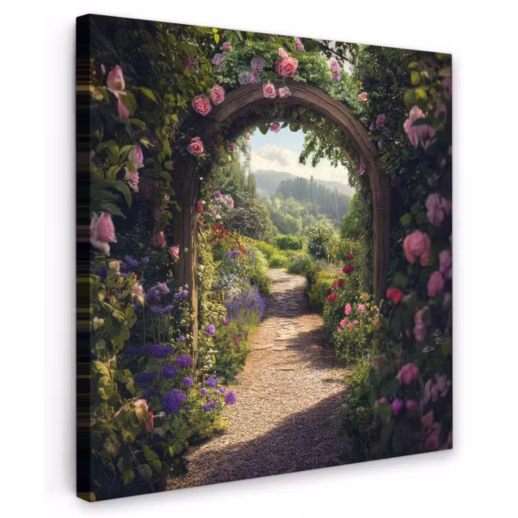 Doorkijk - Landschap - Bloemen - Rozenboog - Natuur Tuinposter op houten frame 2 cm dik middel -3d