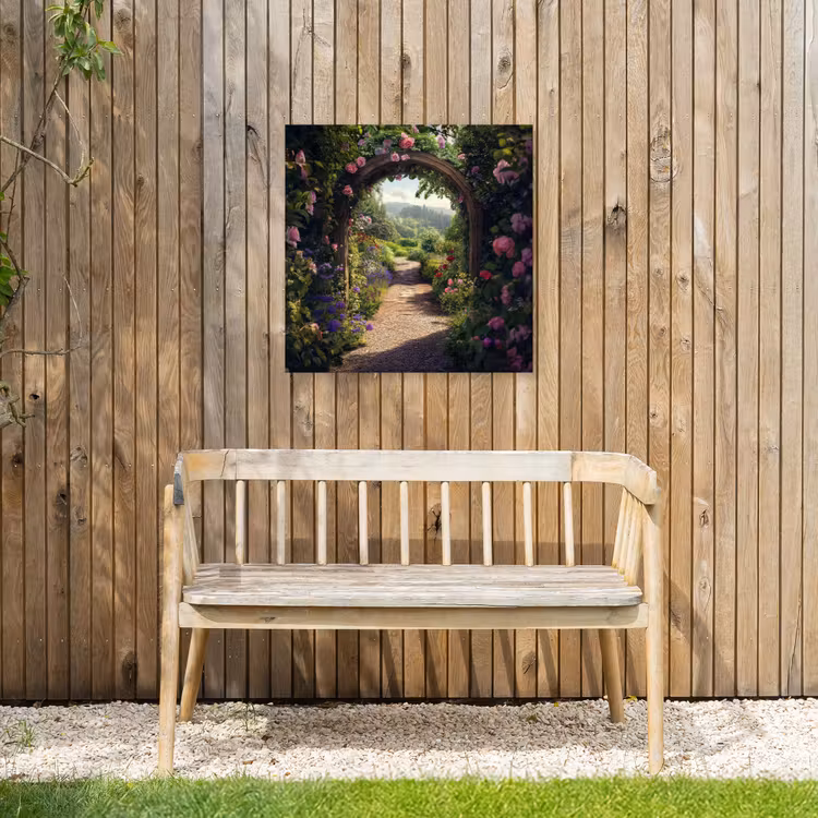 Doorkijk - Landschap - Bloemen - Rozenboog - Natuur Tuinposter op houten frame 2 cm dik middel -sfeer4