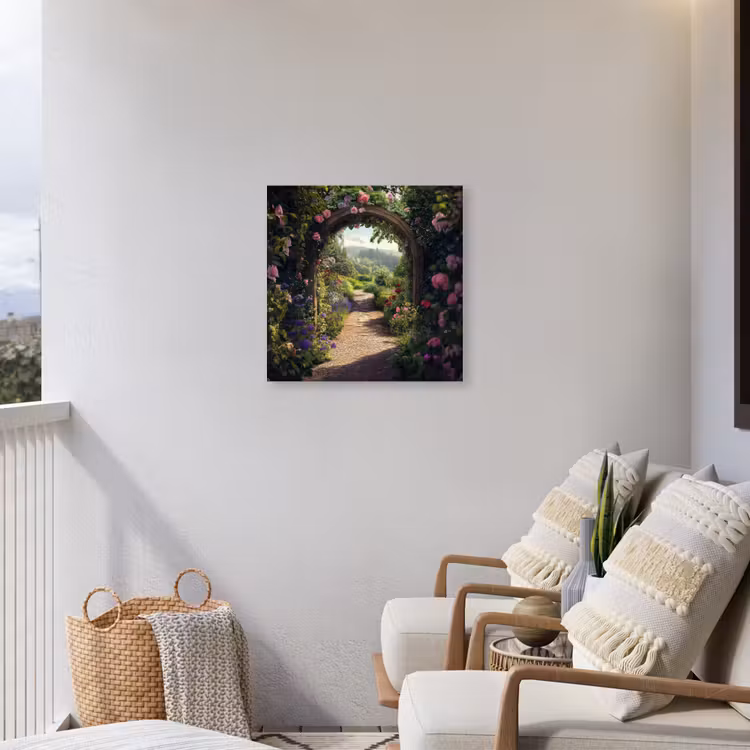Doorkijk - Landschap - Bloemen - Rozenboog - Natuur Tuinposter op houten frame 2 cm dik middel -sfeer1
