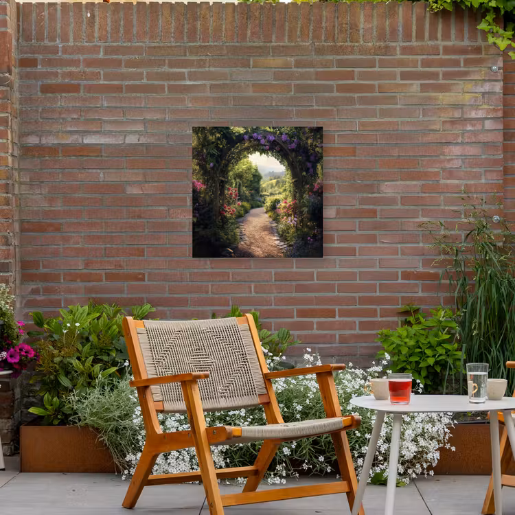 Doorkijk - Landschap - Bloemen - Tuinboog - Natuur Tuinposter op houten frame 2 cm dik middel -sfeer3