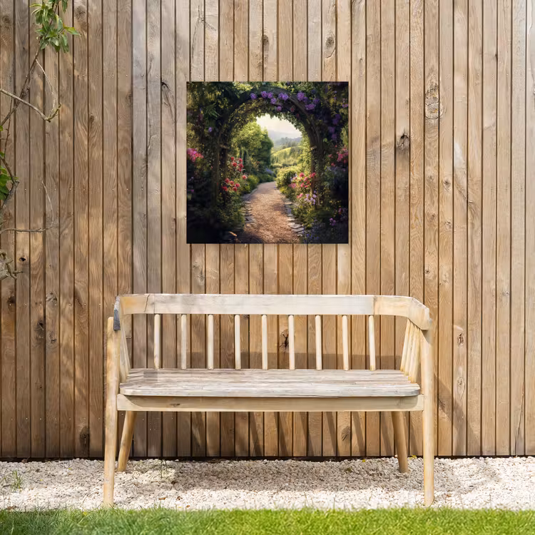 Doorkijk - Landschap - Bloemen - Tuinboog - Natuur Tuinposter op houten frame 2 cm dik middel -sfeer4