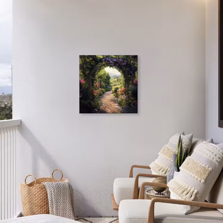 Doorkijk - Landschap - Bloemen - Tuinboog - Natuur Tuinposter op houten frame 2 cm dik middel -sfeer1