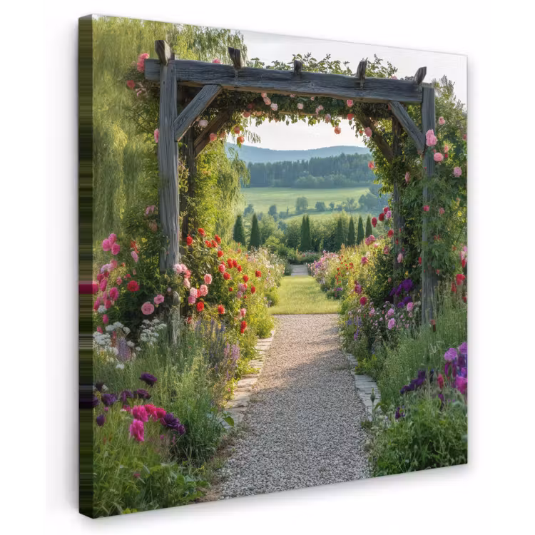 Doorkijk - Landschap - Natuur - Tuinboog - Bloemen Tuinposter op houten frame 2 cm dik middel -3d