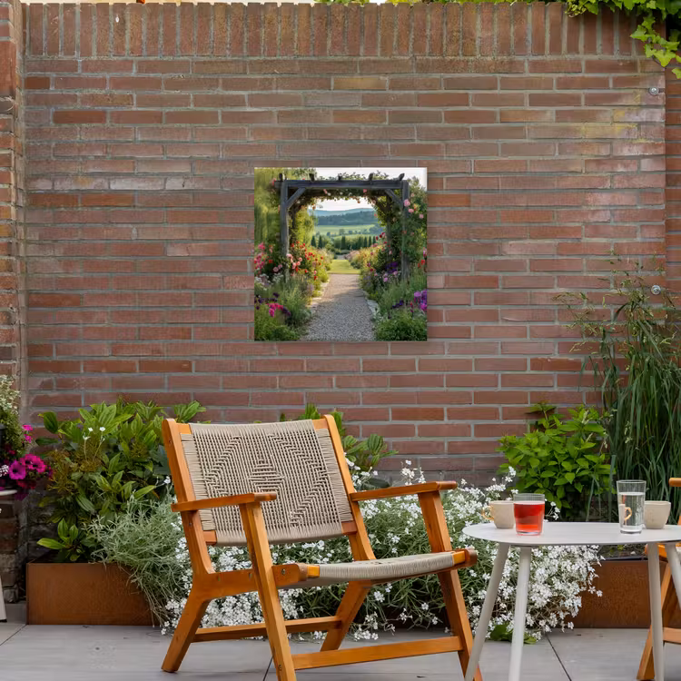 Doorkijk - Landschap - Natuur - Tuinboog - Bloemen Tuinposter op houten frame 2 cm dik middel -sfeer3