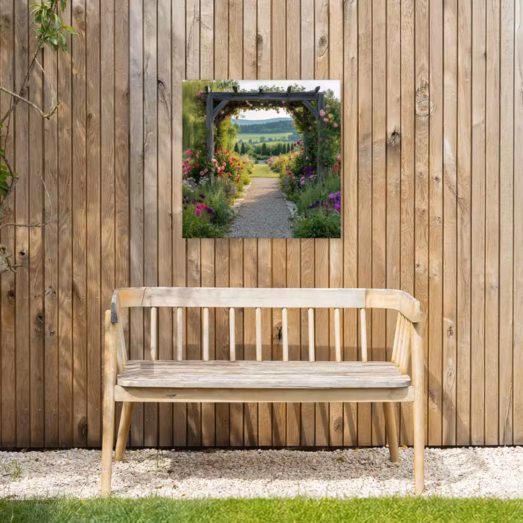 Doorkijk - Landschap - Natuur - Tuinboog - Bloemen Tuinposter op houten frame 2 cm dik middel -sfeer4