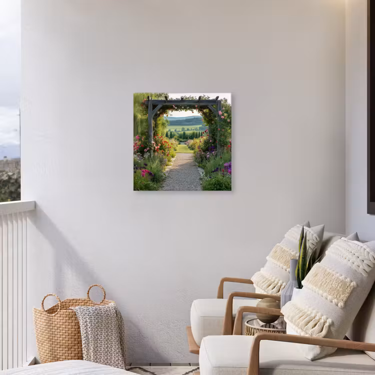 Doorkijk - Landschap - Natuur - Tuinboog - Bloemen Tuinposter op houten frame 2 cm dik middel -sfeer1