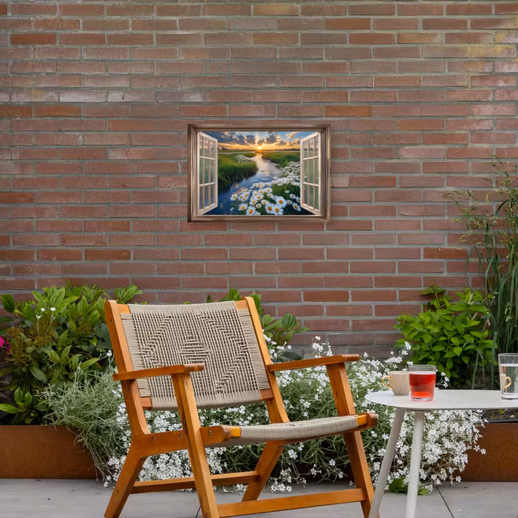 Doorkijk - Landschap - Raam - Water - Zonsondergang Tuinposter op houten frame 2 cm dik klein -sfeer3