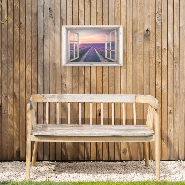 Doorkijk - Lavendel - Bloemen - Hout - Zonsondergang - Paars Tuinposter op houten frame 2 cm dik klein -sfeer4