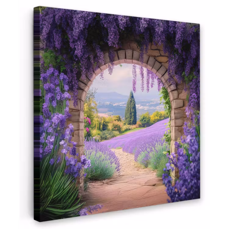 Doorkijk - Lavendel - Bloemen - Paars - Poort Tuinposter op houten frame 2 cm dik middel -3d