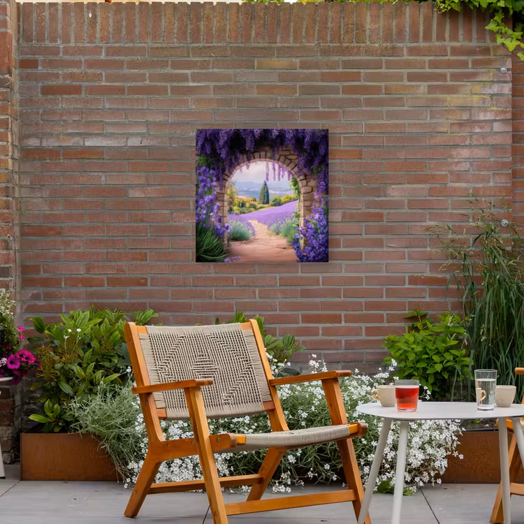 Doorkijk - Lavendel - Bloemen - Paars - Poort Tuinposter op houten frame 2 cm dik middel -sfeer3