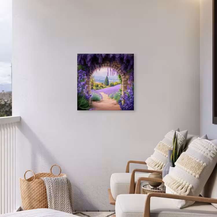 Doorkijk - Lavendel - Bloemen - Paars - Poort Tuinposter op houten frame 2 cm dik middel -sfeer1