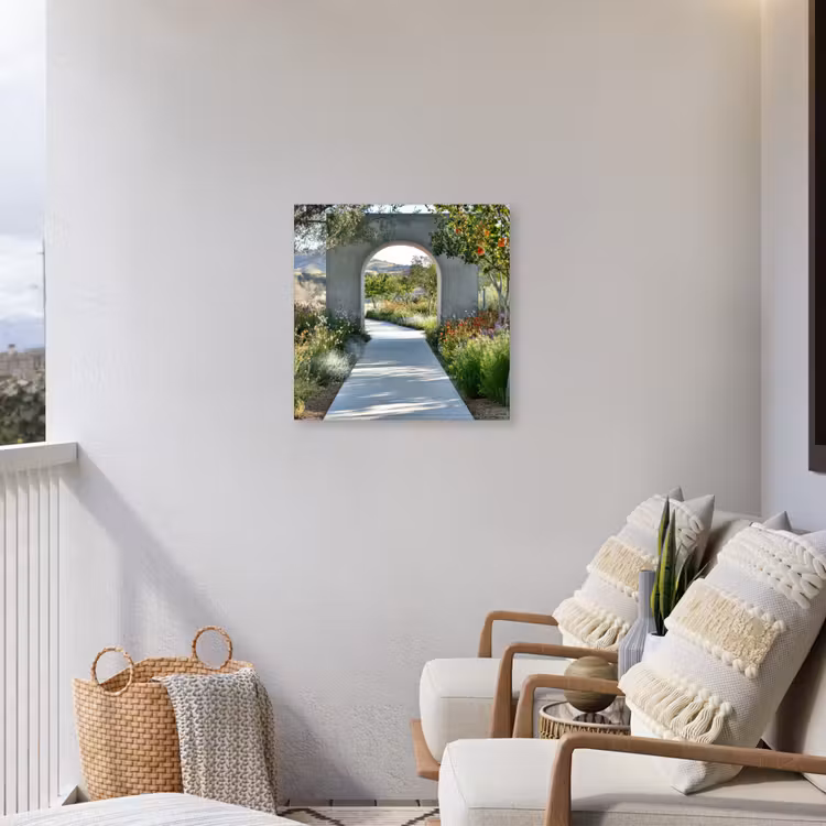 Doorkijk - Pad - Beton - Landschap Tuinposter op houten frame 2 cm dik middel -sfeer1