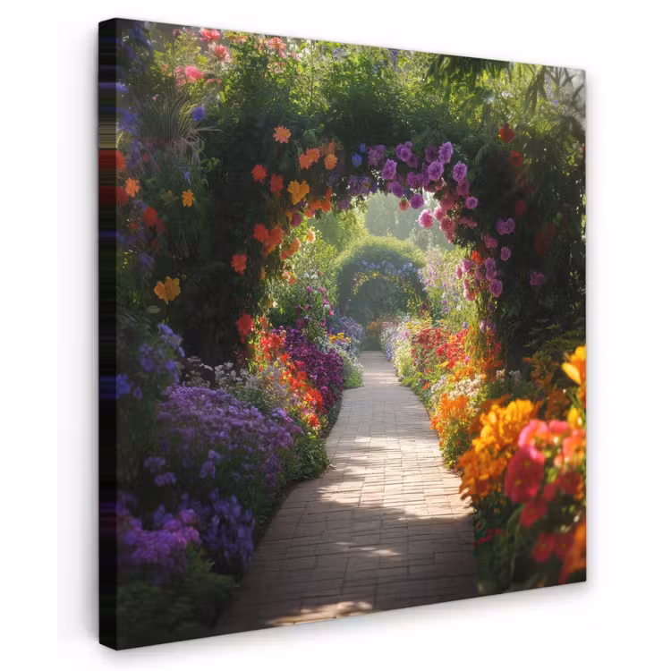 Doorkijk - Pad - Bloemen - Struik - Kleurrijk Tuinposter op houten frame 2 cm dik middel -3d