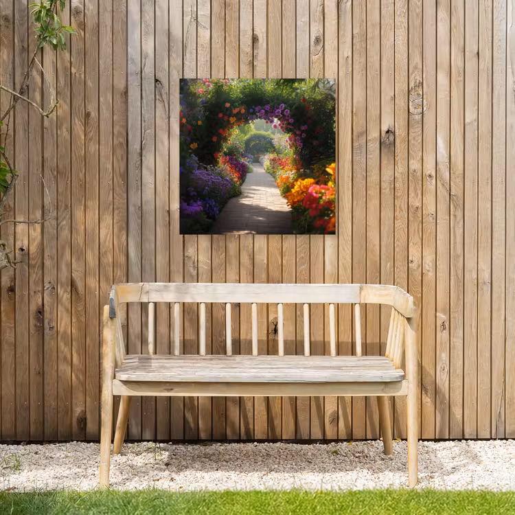 Doorkijk - Pad - Bloemen - Struik - Kleurrijk Tuinposter op houten frame 2 cm dik middel -sfeer4