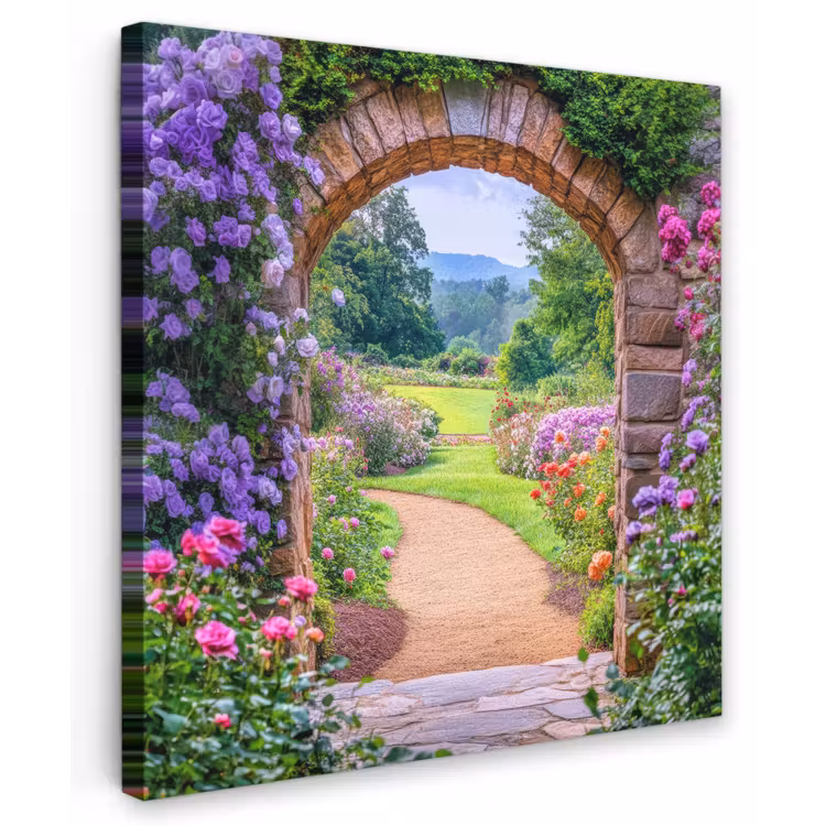 Doorkijk - Poort - Bloemen - Tuin Tuinposter op houten frame 2 cm dik middel -3d