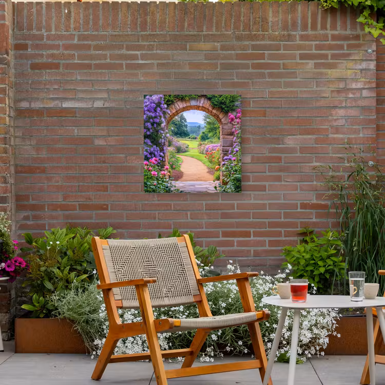 Doorkijk - Poort - Bloemen - Tuin Tuinposter op houten frame 2 cm dik middel -sfeer3