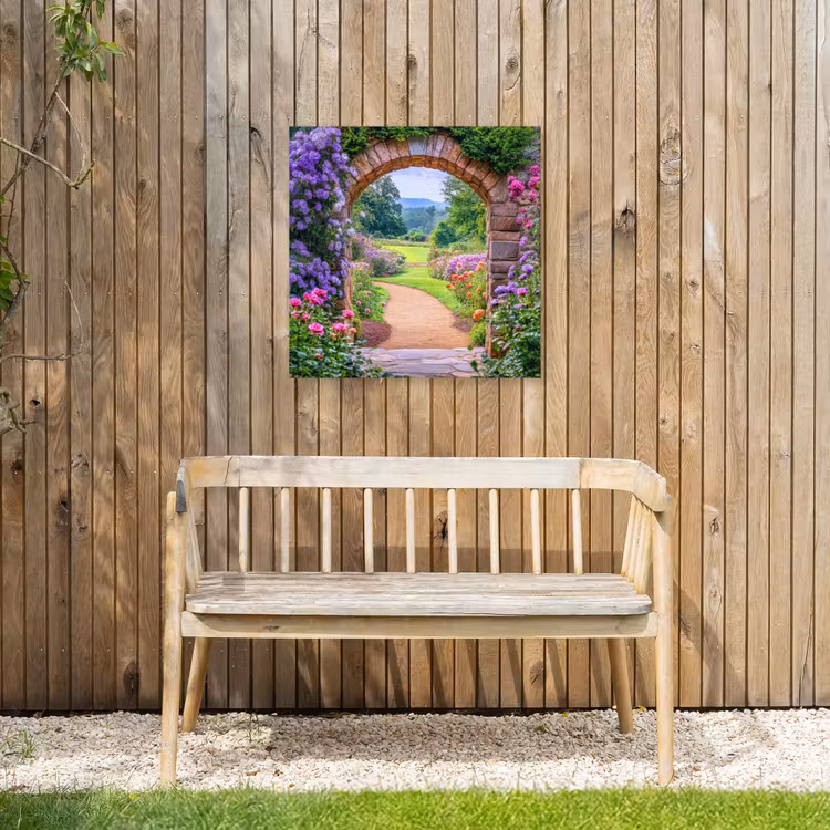 Doorkijk - Poort - Bloemen - Tuin Tuinposter op houten frame 2 cm dik middel -sfeer4
