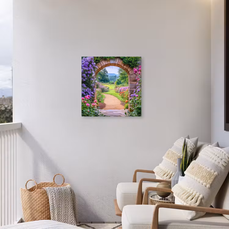 Doorkijk - Poort - Bloemen - Tuin Tuinposter op houten frame 2 cm dik middel -sfeer1